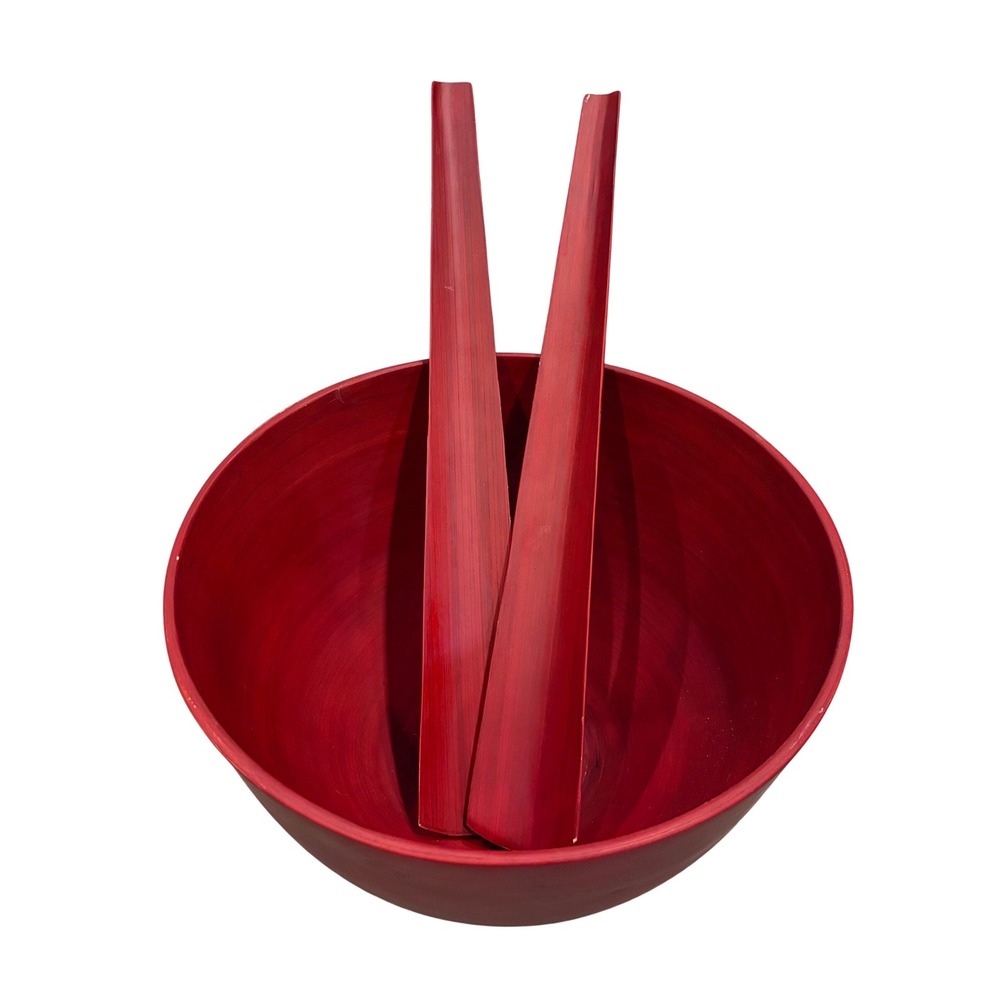 Red Spun Bamboo Salad Bowl Set with Matching Servers 3 Piece Serving Set